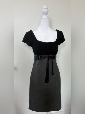 A. Byer Black and Gray Midi Dress with Satin Waist Tie